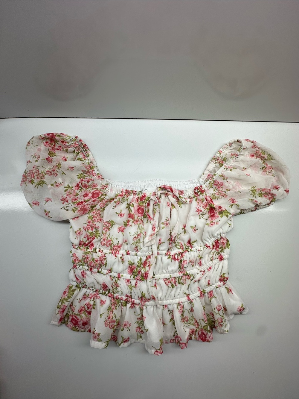 Japna White Floral Smocked Puff-Sleeve Top